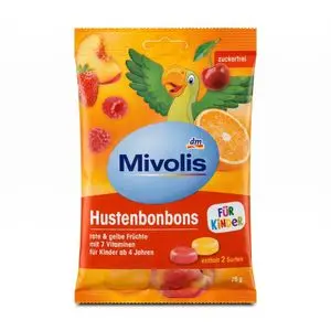 Mivolis Bonbons pour la Gorge Enfants – Fruits Rouges &amp; Jaunes sans Sucre 75g - 7 Vitamines