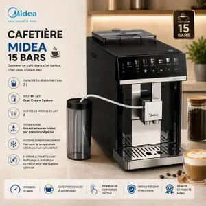 Midea Machine à Café Automatique 15 Bars Réservoir 2 L, Système Lait et Cold Brew, MA-FACM1001