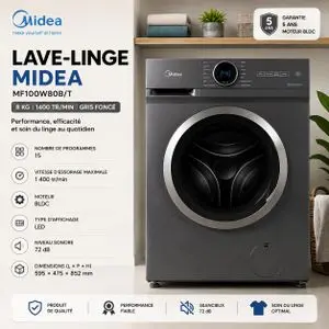 Midea Machine à laver 8 kg avec moteur BLDC 15 programmes 1400 tr/min, Hygiène 90 °C, MF100W80B/T