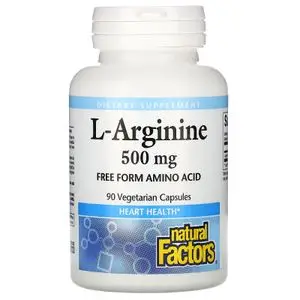 Natural Factors L-arginine, 500 mg, 90 capsules végé  (soutient le système cardiovasculaire)