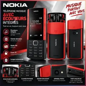 Nokia 5710 XpressAudio 4G avec Écouteurs Intégrés, Clavier Physique, Radio FM et Lecteur Musique – Noir/Rouge