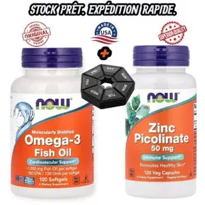 Now Foods Oméga-3 Huile de Poisson, 100 capsules molles + Zinc Picolinate, 50 mg, 120 capsules végétales