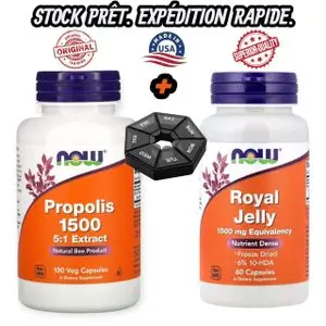 Now Foods Propolis 1500 mg 100 capsules végétariennes + royal jellyy (Gelée royale), 1500 mg, 60 capsules végétariennes + boîte à pilules gratuite