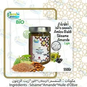 Nutri Energie 550Gr d'Amlou Beldi aux Sésame et Amandes avec Huile d’Olive 100% Nature, Sans Sucre Ajouté, Sans Miel (Light) Bio100%