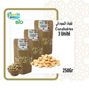 Nutri Energie Lot de 3x250g Cacahuètes Semi-Grillées Sans Sel (100% Pure & Naturelle) Sans Aucun Additif