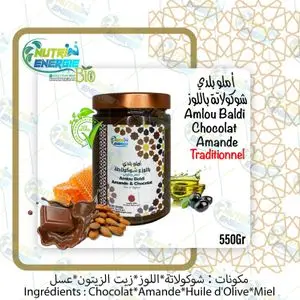 Nutri Energie 550Gr d'Amlou Beldi aux Chocolat aux Amandes avec Huile d’Olive, Sans Sucre Ajouté, Sucré Uniquement avec du Miel 100% Naturel Bio100%