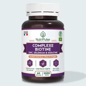 NutriPulse Complexe Biotine 5000 mcg Zinc Sélénium &amp; Kératine – Cheveux Forts, Peau Radieuse &amp; Ongles Renforcés 60 Gélules