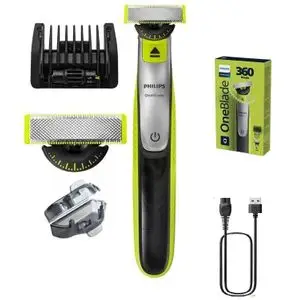 Philips Tondeuse Rasoir faciale rechargeable Oneblade 360 utilisable sur peau sèche ou humide +Lame +Sabot réglable 5 en 1-qp2734/23