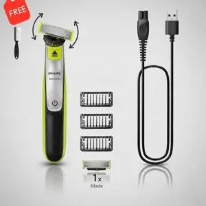 Philips OneBlade - Pack Hybride Rechargeable : Tondeuse Visage &amp; Barbe, 3 Sabots, Lame de Rechange Incluse + Brosse Gratuit