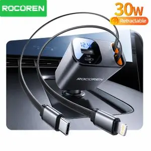 ROCOREN Chargeur Voiture Rétractable 4-en-1 PD 30W USB-C + Lightning