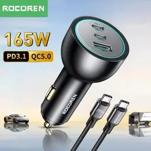 ROCOREN Chargeur de voiture 165W, PD 3.1, 140W, Charge rapide QC 5.0