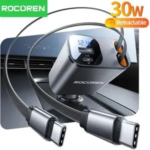 ROCOREN Chargeur Voiture Rétractable 4-en-1 PD 30W Double USB-C Intégré