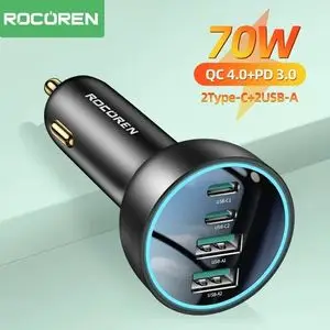 ROCOREN Chargeur de voiture 4en1 QC4.0 PD3.0 70W, Charge super rapide iphone et Android