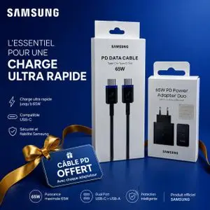 Samsung Chargeur Rapide Top Qualité Duo 65W PD avec Cable de charge PD&amp;Data Cable USB-C To USB-C 65W offert en Cadeau شاحن سريع  65 واط بجودة عالية مع كابل شحن 65 واط هدية