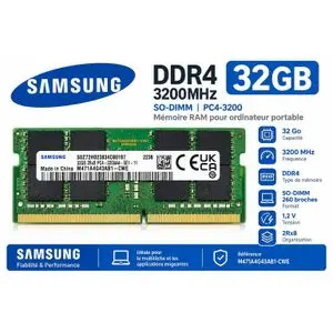 Samsung Ram 32Go DDR4 3200MHz SO-DIMM PC4-3200 2Rx8 – M471A4G43AB1-CWE – Mémoire RAM pour PC Portable