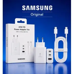 Samsung Chargeur rapide Top Qualité 65W PD Trio pour iPhone et Android adaptateur de tension triple 3 en 1 Top qualité avec un câble de charge USB-C to USB-C شاحن سريع تلاتي لهواتف أندرويد و أيفون 65 واط بجودة عالية مع كابل شحن