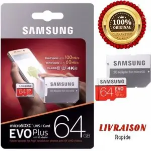 Samsung Carte mémoire 64Go  Plus Micro SD Classe 10 avec adaptateur SD vitesse de lecture jusqu'à 100MB/s