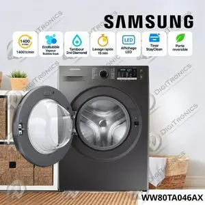 Samsung Lave-Linge Frontal 8kg EcoBubble 1400 tr/min, Vapeur, Inox, WW80TA046AX + Garantie 10 ans
