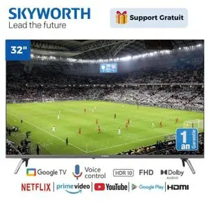 Skyworth Téléviseur Smart Google TV LED 32 Pouces Frameless - Gris Foncé - HD avec Récepteur Intégré