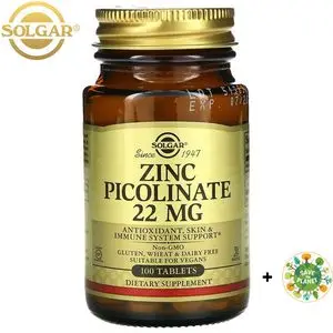 Solgar Picolinate de zinc 22 mg, 100 comprimés - Antioxydant, soutien cutané et immunitaire- Sans OGM, végétalien, sans gluten, sans produits laitiers, casher - 100 portions totales + sticker GRATUIT