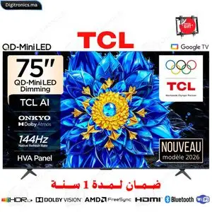 TCL 75 Premium QD-Mini LED 4K Smart Google TV 144Hz, HDR10+ Dolby Vision &amp; ONKYO + Support Gratuit, 75P8L