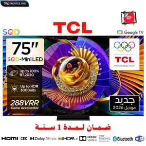 TCL 75 SQD Mini LED UHD 4K Smart Google TV Dolby Vision IQ 144Hz &amp; Bang &amp; Olufsen + Support Gratuit, 75C7L