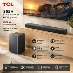 TCL Barre de Son 2.1 Dolby Atmos 220 W Bluetooth avec Caisson de Basses Sans Fil et Télécommande, S55H