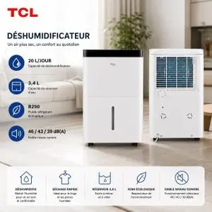 TCL Déshumidificateur 20 L/Jour Réservoir 3,4 L Débit d’Air 200 m³/h, Réfrigérant R290 et 39 dB, DFL9 20EB