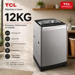 TCL Machine à laver Top Load 12kg Affichage LED avec Double filtre et Tambour Honeycomb, F312TLG
