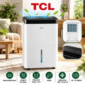 TCL Déshumidificateur 12 L/Jour Réservoir 1,5 L et Réfrigérant R290, DEL18 12EB