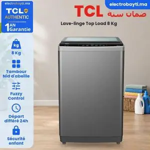 TCL F708TLG – Machine à laver Top Load 8 Kg – Tambour Nid d’abeille – Fuzzy Control – Couvercle en verre