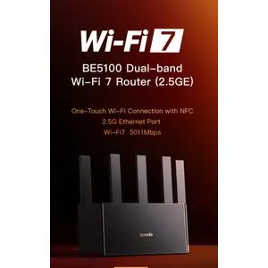 tenda Point d’accès et Routeur sans fil WIFI 7 Gigabit 4K 8K QAM MRU, VPN, MLO, NFC, Installation Facile, Contrôle Parental, Mode Point d'accès, WiFi Vertical 1x2.5G+3x1G (BE5100)