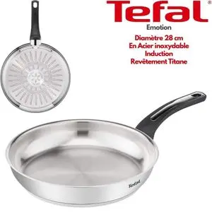 Tefal Emotion Poêle 28 cm en Acier Inoxydable avec Revêtement Titane Ultra Résistant – Antiadhésif Longue Durée x3, THERMO-SIGNAL pour Température Idéale, Fond Épais Diffusion Parfaite, Tous Feux dont Induction