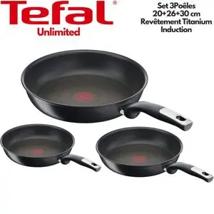 Tefal Unlimited Set 3 Poêles 20 + 26 + 30 cm, Aluminium, Revêtement Titanium Anti-Rayures, Thermo-Signal, Tous Feux dont Induction, Poêles Antiadhésives Profondes, Cuisson Rapide &amp; Design Premium