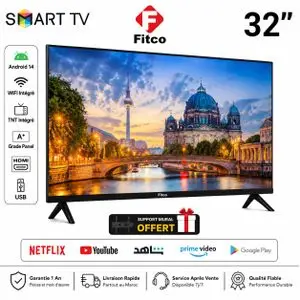 Fitco Smart TV 32 Pouces Android 14 HD - WiFi - HDMI - TNT intégré - Support mural offert - Garantie 1 an