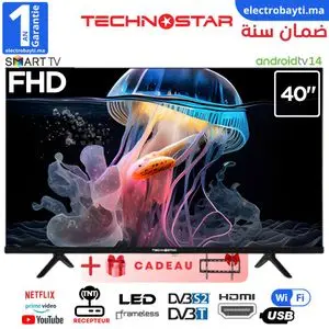 Technostar Smart TV 40"  LED FHD - Android 14 - Wifi - Récepteur Intégré + Support Mural