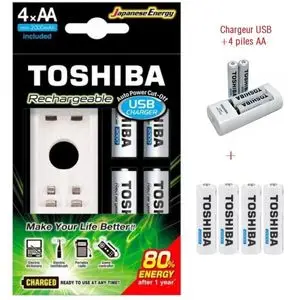 Toshiba Chargeur 2000mah Puissant de batterie rechargeable AA et AAA + 4 piles AA