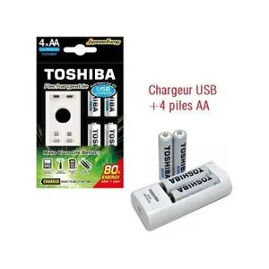 Toshiba Chargeur USB et 4 Batterie AA Capacité 2000 mAh