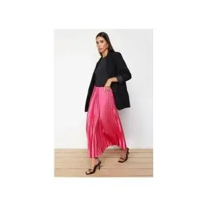 Trendyol Pink Maxi Skirt with Satin Fabric - Pleated, Woven, TWOSS24ET00206