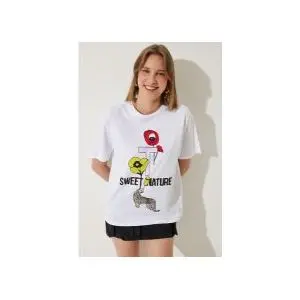 Trendyol Kadın Beyaz Baskılı Oversize Örme T-Shirt WO00039