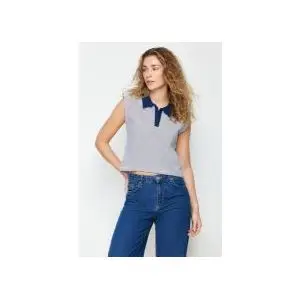 Trendyol Lacivert Çizgili Kalın Pamuklu Polo Yaka Regular/Normal Kalıp Örme T-Shirt TWOSS24TS00075