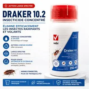VEBI Insecticide Concentre Professionnel a Diluer 250 ml - Traitement Anti Insectes Large Spectre Rampants Volants Locaux Entrepots Maison Jardin Bouchon Doseur