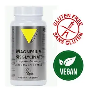vitall + Magnésium Bisglycinate complexe magnésium &amp; Vitamines B6 et D3 Sans gluten 60 gélules