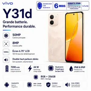 vivo Y31d – OR –  Smartphone – 8 Go RAM / 256 Go Stockage – Processeur Snapdragon 6s Gen 2 4G – Caméra 50 MP – Batterie BlueVolt 7200 mAh – Charge rapide 44W – Écran 6,75" 120 Hz – Certification IP68/IP69 – Haut-parleurs stéréo – Garantie 18 moi