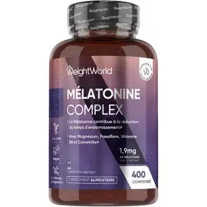 WeightWorld Melatonine 1.9mg, 400 microcomprimés végétaliens, complexe de mélatonine avec magnésium, vitamine B6, passiflore et camomille pour adultes