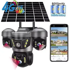 wifi smart caméra Caméra de Surveillance Solaire 4G 4K HD PTZ 360° Triple Objectif–Caméra IP Sans Fil, Panneau Solaire, Vision Nocturne Couleur, Détection Humaine PIR, Détection de Mouvement, Auto Tracking, Audio Bidirectionnel, V380 Pro, Carte SIM 4