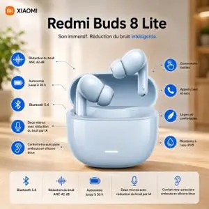 XIAOMI Redmi Buds 8 Lite Bluetooth Double micro IA, ANC 42 dB IP54 Avec autonomie 36 heures (Blue)