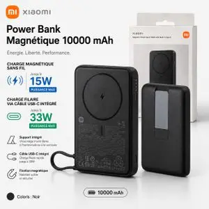 XIAOMI Magnetic Power Bank 10000mAh 33W avec Support & Câble USB-C Intégré – Charge Magnétique Sans Fil jusqu'a 15W