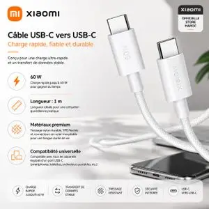 XIAOMI Câble 60 W Tressé USB-C vers USB-C 1M