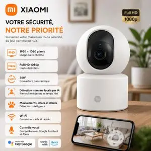 XIAOMI Smart Caméra de Surveillance 1080p 2 MP Wi-Fi Vision 360° et Détection IA, C201
